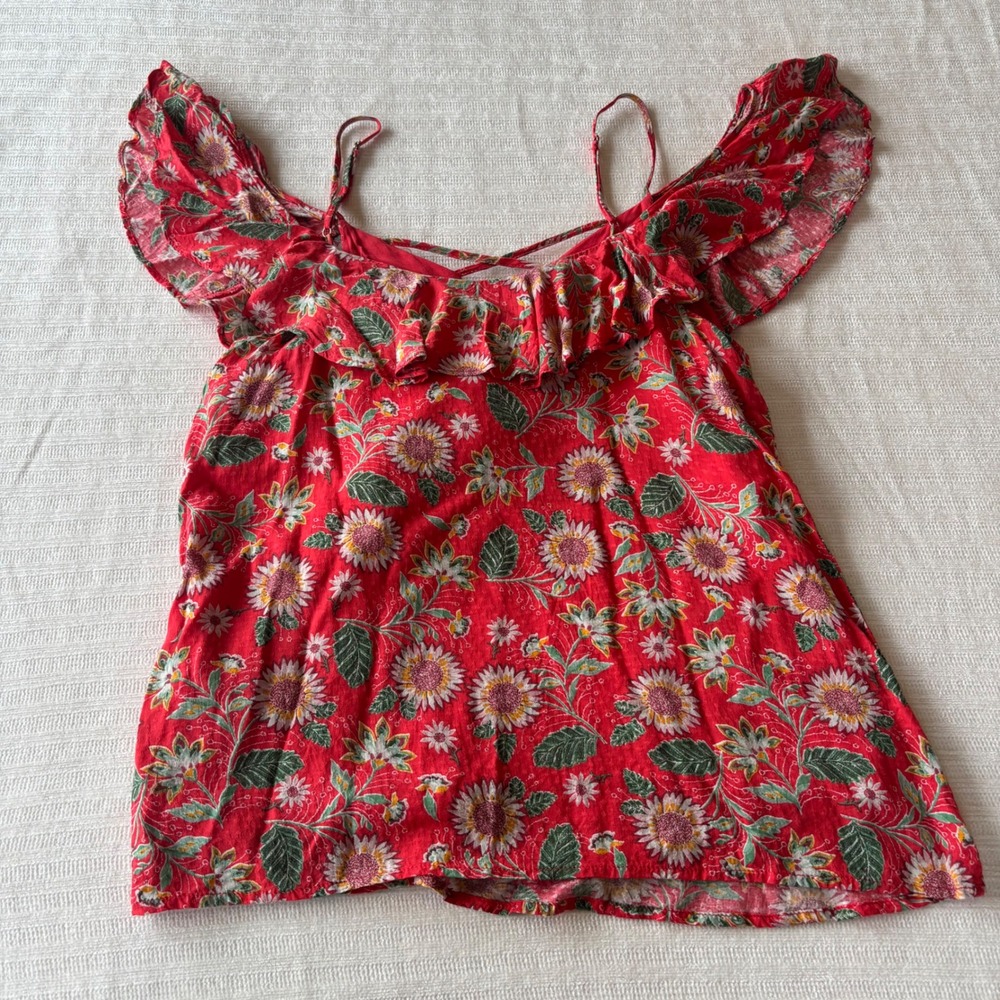 Vintage Y2K Miss Me Red Floral Cold Shoulder Ruffle Blouse Sunflowers Small - Picture 3 of 8